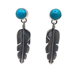 Southwestern Sterling Silver Kingman Turquoise Feather Dangle Drop Earrings